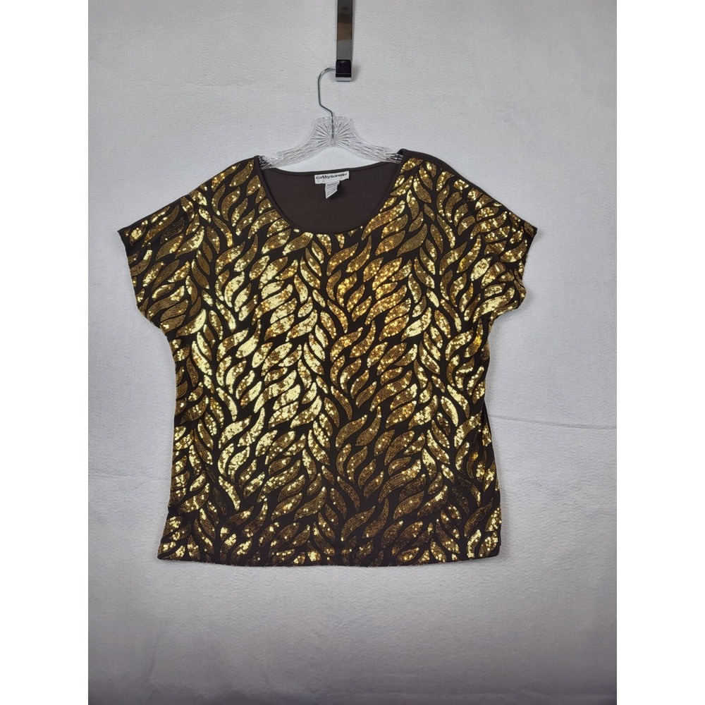 CATHY DANIELS BROWN SHORT SLEEVE TOP WITH GOLD SEQUIN SIZE L